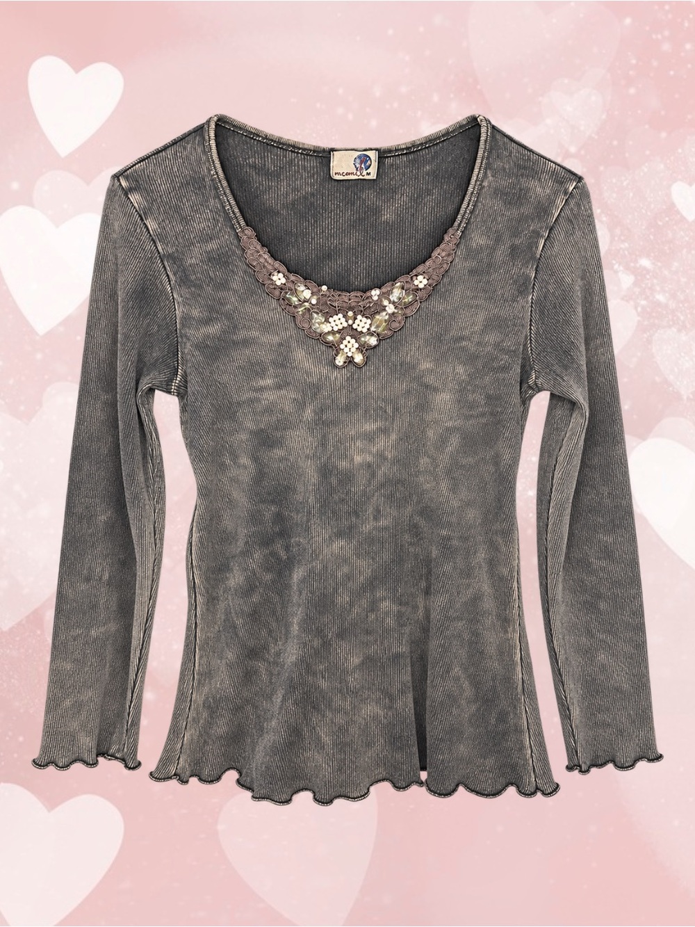 One World Vintage Style Acid Wash Ribbed Beaded Scoop Neck Top M